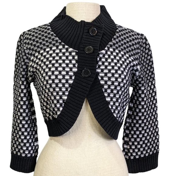 dressbarn Sweaters - Dressbarn Shrug Sweater Black Print 3/4 Sleeve 3 Button Accent Medium